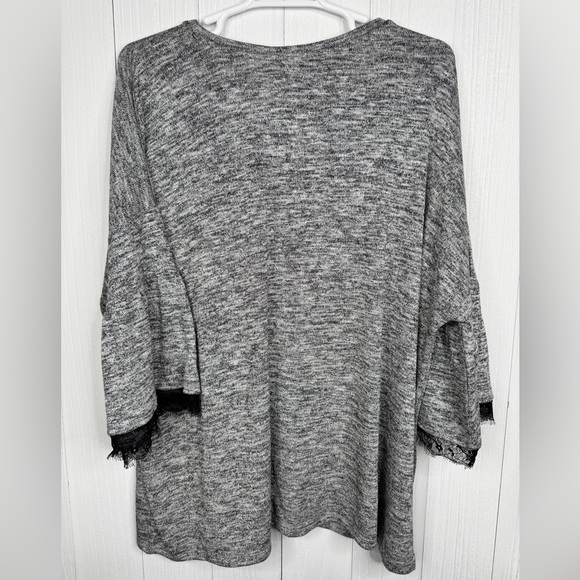 dressbarn Gray Marled Bell Sleeve Sweater with Black Lace Trim - Picture 3 of 5